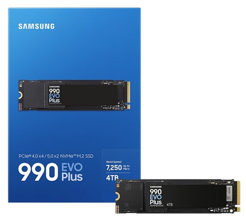Samsung 990 EVO Plus 4TB PCIe Gen5 NVMe SSD 7250MB/s 6300MB/s R/W 1050K/1400K IOPS 2400TBW 1.5M hrs V-NAND TLC AES 256-bit Encryption 5yr wty