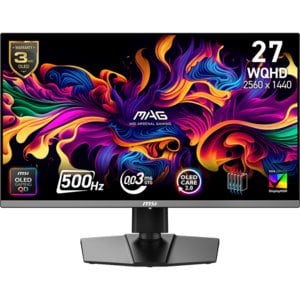MSI MAG 272QP QD-OLED X50 26.5" 500Hz QHD QD-OLED Gaming Monitor 2560x1440 16:9 0.03ms GTG 1500000:1 DP 1.4a/HDMI 2.1 TrueBlack 500 Tilt/Swivel/Height/Pivot VESA 100x100mm Adaptive-Sync 3Yr
