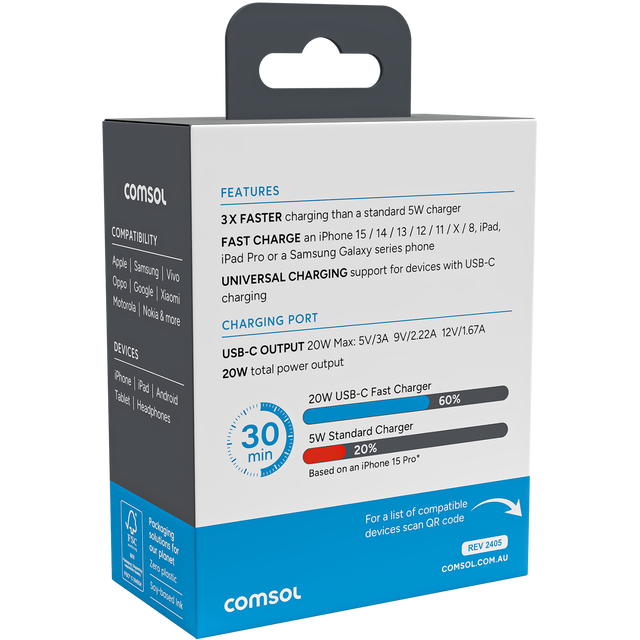 2x Comsol 20W USB-C Wall Charger White