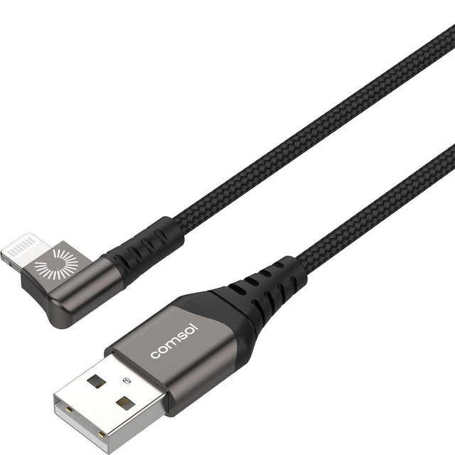2x Comsol 1.2m USB-A to Right Angle Lightning Cable Black