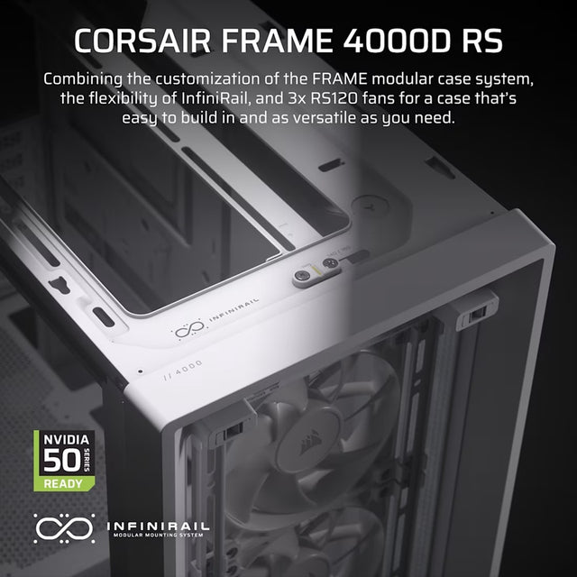 Corsair FRAME 4000D RS Modular Mid-Tower PC Case - White, ATX, 430mm GPU, 170mm CPU cooler, 360mm rad, 1x USB-C 3.2 Gen 2