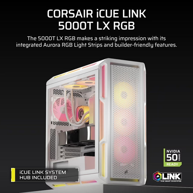 Corsair iCUE LINK 5000T LX RGB Mid-Tower High-Performance PC Case - White, ATX, 450mm GPU, 170mm CPUcooler, 360mm rad, 3x LX120 RGB, 1x USB-C 3.2 Gen2