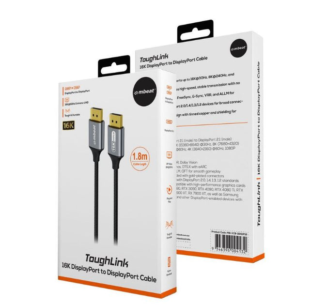 mbeat Tough Link 1.8m 16K DP to DP Cable - Space Grey 40Gbps 180cm × 2.2cm × 1.10cm