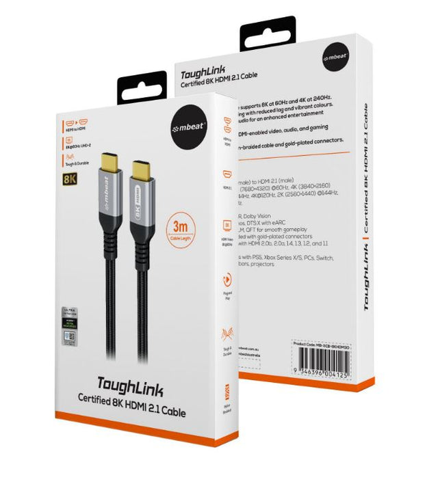 mbeat Tough Link 3m Certified 8K HDMI Cable - Space Grey HDMI 2.1 (male) to HDMI 2.1 (male) 48Gbps 51g