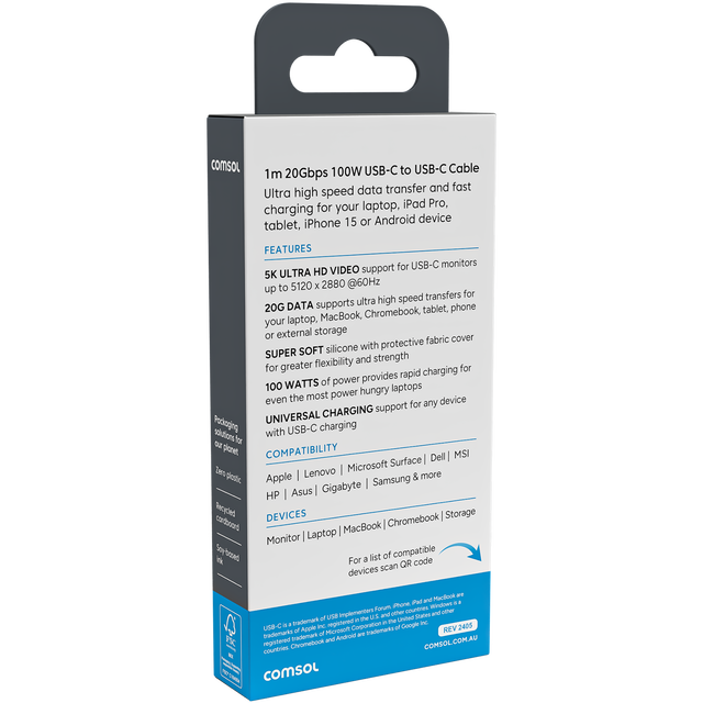 2x Comsol 1m 20Gbps 100W USB-C to USB-C Cable