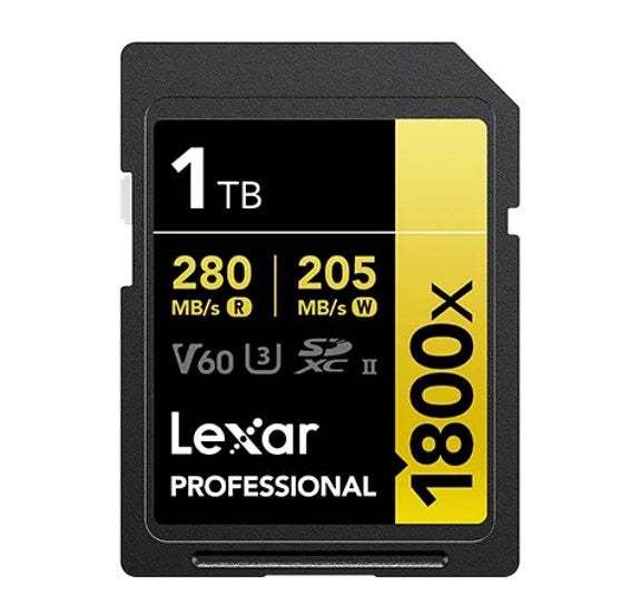 Lexar Professional 1800x 1TB SDXC™ UHS-II Card GOLD Series 1TB—C10, UHS-II(U3), V60, 1800x, up to 280MB/s read, 205MB/s write