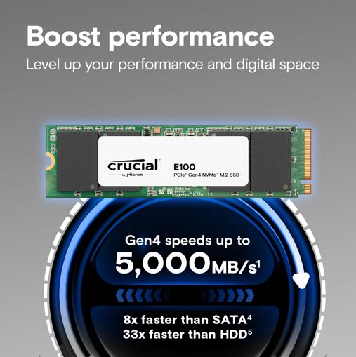Micron (Crucial) Crucial E100 2TB Gen4 NVMe SSD 5000/4500 MB/s R/W 100TBW 350K/460K IOPS 1M hrs MTTF M.2 2280 PCIe4 3yrs ~Crucial P3 Plus