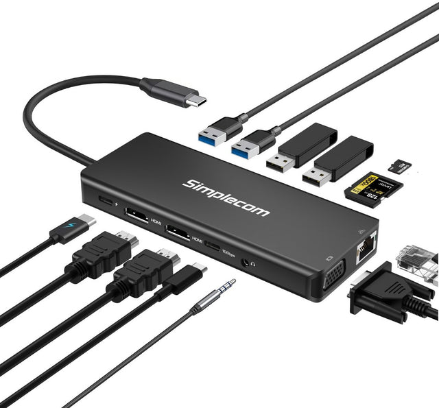 Simplecom CHN613 USB-C 13-in-1 Multiport Docking Station Dual HDMI + VGA Triple Display USB 3.2 Gen 2 10Gbps