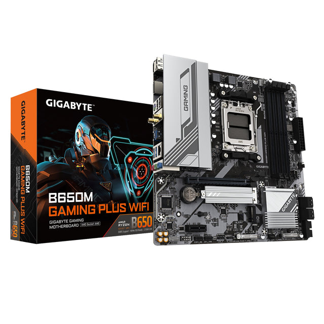 Gigabyte B650M GAMING PLUS WIFI MB, B650, 4x DDR5, 1x PCI-E 4.0 x16, 2x M.2, 4x SATA, 3x USB 3.2, 1x USB-C 3.2, 2x DisplayPort 1.4, 1x HDMI 2.1, Micro ATX, WIFI 6E, BT 5.3, 2.5GbE LAN, Smart Fan 6, Q-Flash Plus, 3 Year Warranty