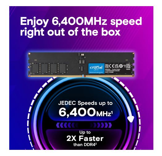 Micron (Crucial) Crucial 32GB (1x32GB) DDR5 CUDIMM 6400MHZ CL52 Desktop PC Memory for Intel Core Ultra Processors AI PC