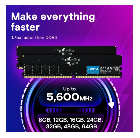 Micron (Crucial) Crucial 64GB (1x64GB) DDR5 UDIMM 5600MHz CL46 Desktop PC Memory