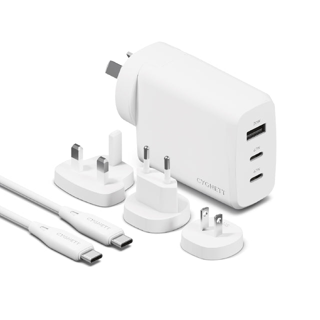 Cygnett PowerMaxx 67W Multi-Port GaN Travel Wall Charger - White (CY4771PDWCH),Charge 3 Devices Simultaneously, Removable Adaptor,2 Years Warranty