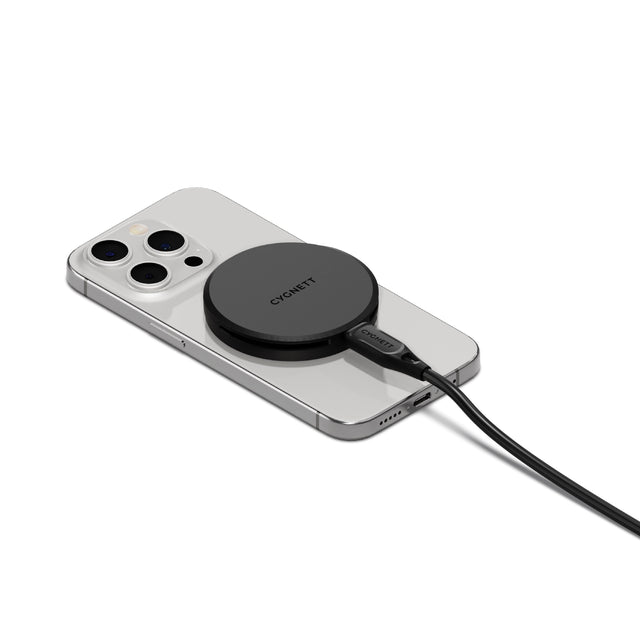 Cygnett ChargePuck Qi2 15W Fast Wireless Charger -Black(CY5061CCRGP),Compact & Lightweight, 1.2M USB-C Cable,Perfect for Travel,2 Years Warranty