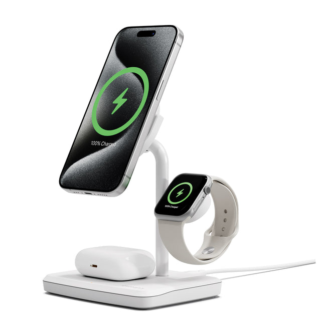 Cygnett ChargeBase Qi2 3-in-1 Magnetic 15W Wireless Charger-White(CY5070BUNCP),1.2M USB-C Cable,5W Watch Charger, 180° Swivel Head,2 Years Warranty