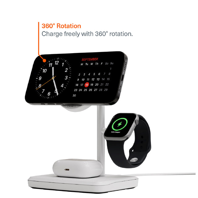 Cygnett ChargeBase Qi2 3-in-1 Magnetic 15W Wireless Charger-White(CY5070BUNCP),1.2M USB-C Cable,5W Watch Charger, 180° Swivel Head,2 Years Warranty