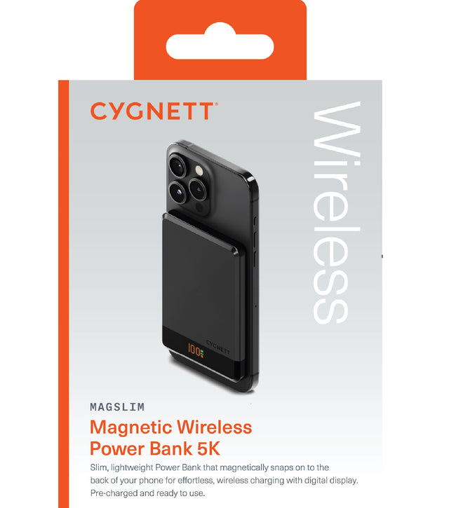 Cygnett MagSlim 5k Magnetic Wireless Power Bank - Black (CY5092PBCHE), MagSafe Compatible,Slim and Sleek, Mordern Display, 2 Years Warranty