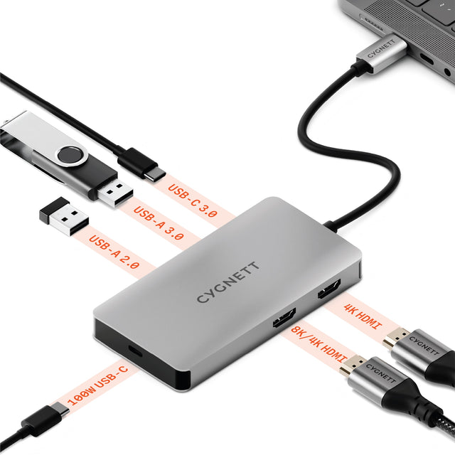 Cygnett Unite 6-in-1 USB-C Hub Adapter 2xUSB-A 3.0 1xUSB-C 3.0 1 USB-C 100W PD 2x HDMI 8K 5GBPS Data Speed 15cm Cable with Aluminum housing, 2 Yrs
