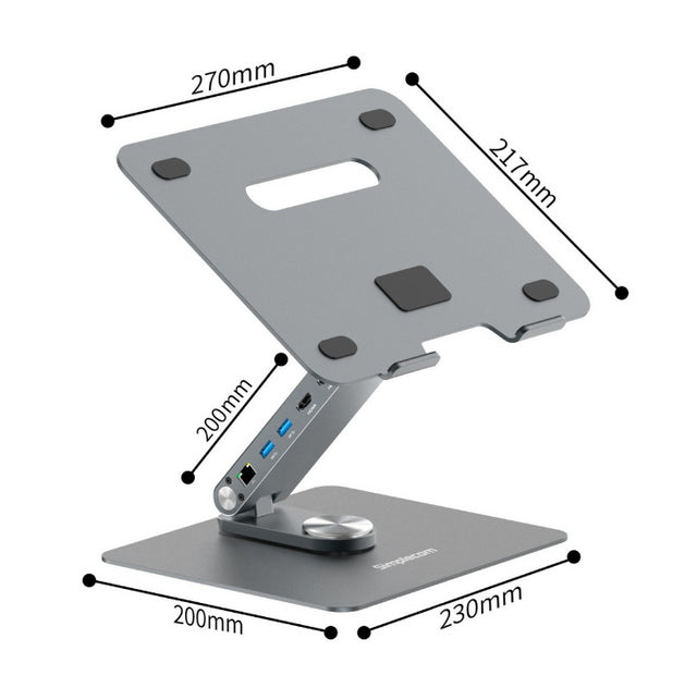 Simplecom CHT660 Adjustable Aluminium Laptop Stand with 6-Port USB-C Docking Station Dual 4K HDMI Display Compatible with laptops from 10 to 17 inches