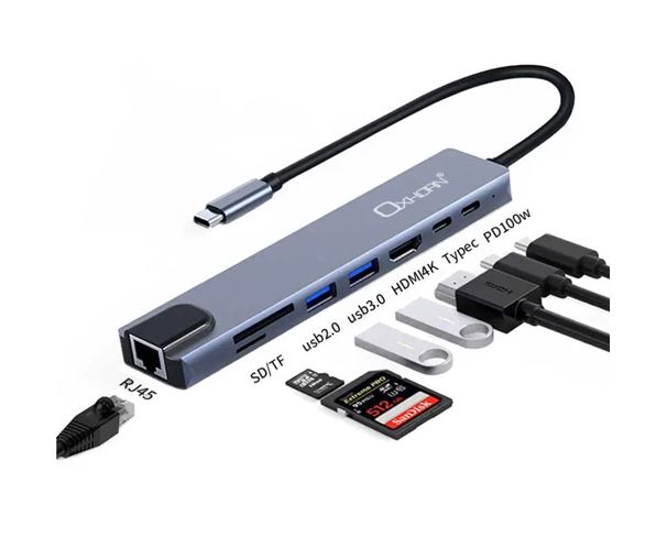 Just You PC Oxhorn SuperSpeed 8-in-1 USB C to HDTV Adapter Hub 1xHDMI 4K 1xEtherne LAN 2 xUSB 3.0 Type C Type C (PD) Card Reader(TF/SD) Aluminum Dock Station