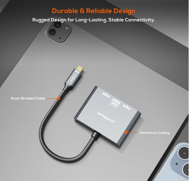 mbeat Tough Link USB-C to DP&HDMI Dual 4K/60Hz MST Adapter 4K (3840x2160) @ 60Hz, 4K (3840x2160) @ 30Hz, 2K (2560x1440) @ 60Hz - Space Grey