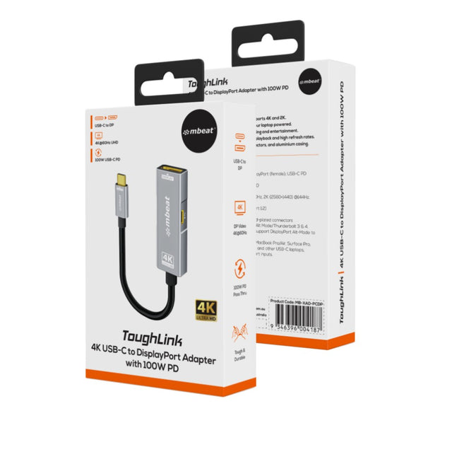 mbeat Tough Link USB-C to DP Adapter with 100W PD - Space Grey 4K (3840 x 2160) @60Hz, 2K (2560 x 1440) @144Hz, 1080p (1920 x 1080) @240Hz