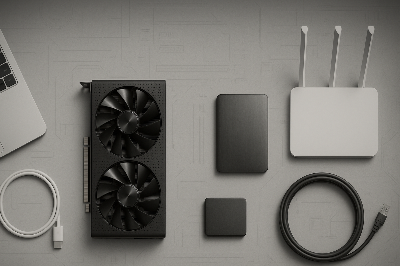 Minimalistic wide background banner for an Australian technology e-commerce website contact page — modern flat lay of computer hardware and tech accessories (laptops, cables, graphics cards, SSDs, network gear) on a clean desk, soft shadows, desaturated neutral tones, subtle blueprint/line art overlay, dark grey gradient vignette for text readability, professional and trustworthy corporate style.