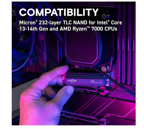 Micron (Crucial) Crucial T705 1TB Gen5 NVMe SSD Heatsink - 13600/10200 MB/s R/W 600TBW 1400K IOPs 1.5M hrs MTTF DirectStorage for Intel 14th Gen & AMD Ryzen 7000