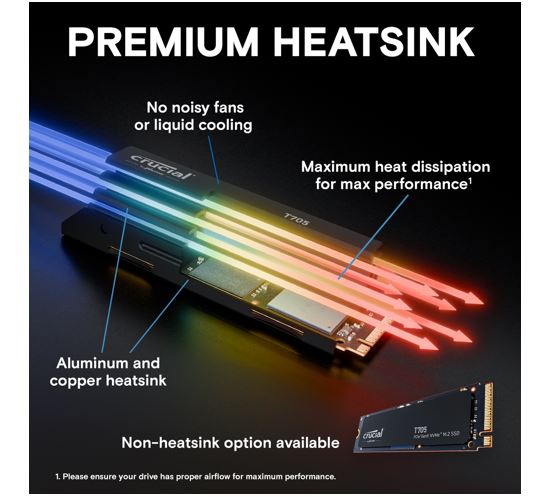 Micron (Crucial) Crucial T705 1TB Gen5 NVMe SSD Heatsink - 13600/10200 MB/s R/W 600TBW 1400K IOPs 1.5M hrs MTTF DirectStorage for Intel 14th Gen & AMD Ryzen 7000