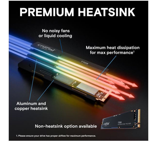 Micron (Crucial) Crucial T705 2TB Gen5 NVMe SSD Heatsink - 14500/12700 MB/s R/W 1200TBW 1550K IOPs 1.5M hrs MTTF DirectStorage for Intel 14th Gen & AMD Ryzen 7000