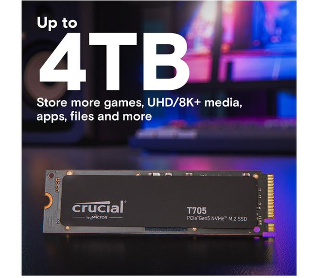Micron (Crucial) Crucial T705 2TB Gen5 NVMe SSD - 14500/12700 MB/s R/W 1200TBW 1550K IOPs 1.5M hrs MTTF DirectStorage for Intel 14th Gen & AMD Ryzen 7000