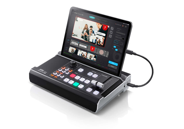 Aten UC9040 StreamLIVE™ PRO All-in-one Multi-channel AV Mixer. Preset up to 8 scenes, DVE video transition effects, a storyboard like management