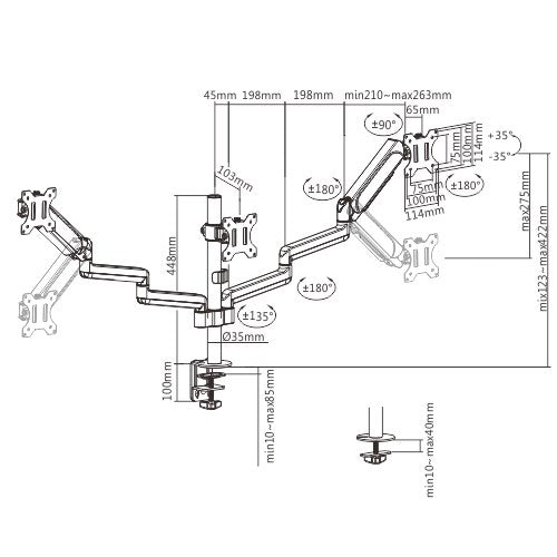 Brateck Triple Monitors Pole-Mounted Gas Spring Monitor Arm Fit Most 17"-27" Monitors Up to 7kg per screen VESA 75x75/100x100