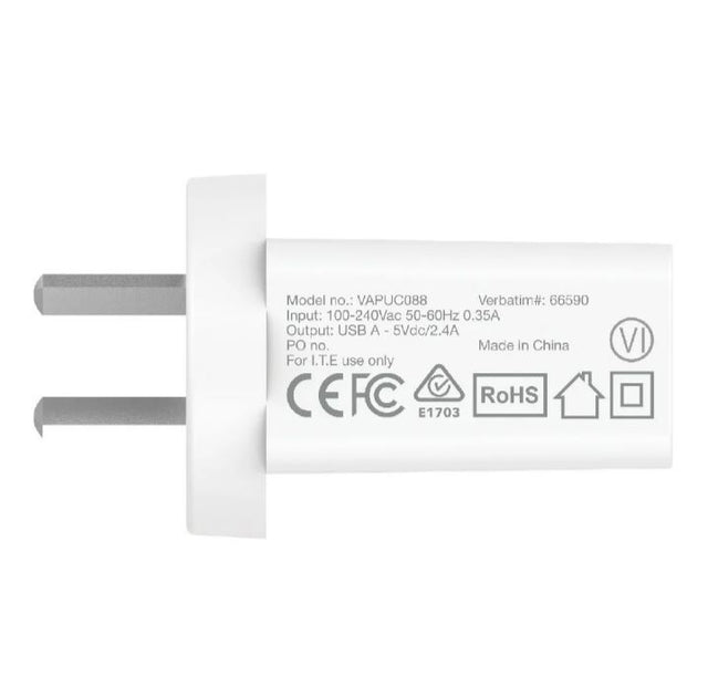 Verbatim USB Charger Single Port 2.4A - White Single Port Wall Charger Rohs, CE, Apple, Android, tablet, Handheld. OC, OV, SS, OT, Fire Resistant.
