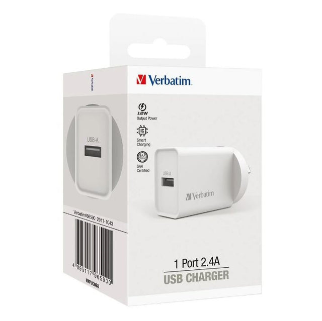 Verbatim USB Charger Single Port 2.4A - White Single Port Wall Charger Rohs, CE, Apple, Android, tablet, Handheld. OC, OV, SS, OT, Fire Resistant.