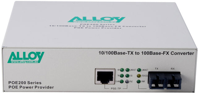 Alloy POE200SC.20 10/100Base-TX to 100Base-FX Single Mode Fibre (SC) Converter, provides PoE power (RJ-45). 20km