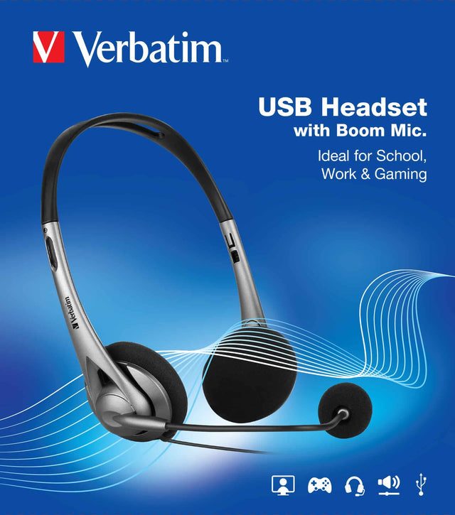 Verbatim Multimedia Headset with Boom Mic Headphone, Volume Control, USB 3.0 – Grey – School, Office, Business. Retail Pack
