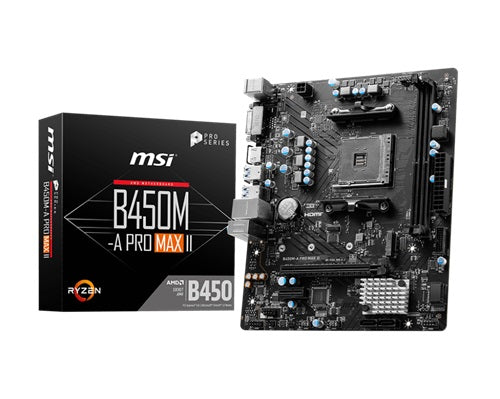 MSI B450M-A PRO MAX AMD M-ATX Motherboard - AM4 Ryzen, 2xDDR4, 4xSATAIII, M.2, 4xUSB3.2, 2xUSB2.0, 1xPCIE x16, DVI-D 1xHDMI