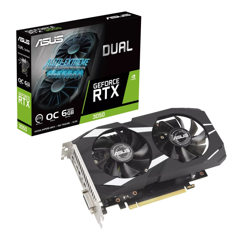 ASUS nVidia GeForce DUAL-RTX3050-O6G RTX 3050 OC Edition 6GB GDDR6,1537 MHz Boost Clock, RAM 14Gbps, 1xDP, 1xHDMI