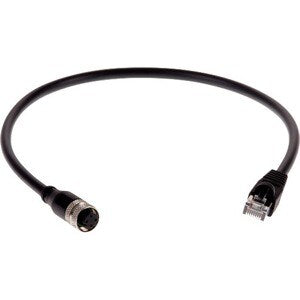 M12 D-Code 4-pin (Female) to RJ45 (Male) Ethernet cable CAT5E. Length: 0.5m (1.6ft). Cable outer diameter: 6.2mm (0.25in). Color: Black. Outdoor UV and sunlight resistant.