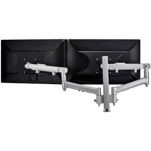 ATDEC DUAL DYNAMIC MONITOR ARM DESK MOUNT - SILVER - UP TO 32IN - BUILT-IN ARM ROTATION LIMITER - QUICK DISPLAY RELEASE - VISUAL SPRING TENSION GAUGE - TOOL-FREE ADJUSTABLE MONITOR HEIGHT TILT PAN