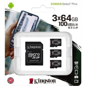 KINGSTON 64GB MICROSDXC CANVAS SELECT 3P 3PC 100R A1 C10 CARD+SD ADAPTER