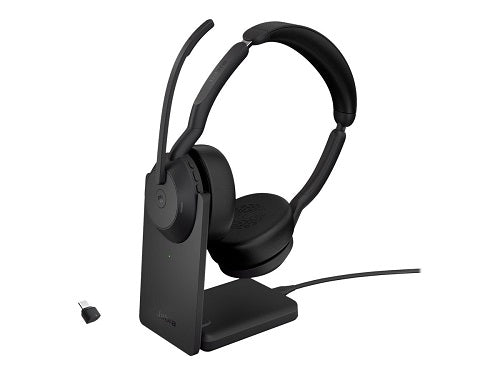 Jabra 25599-999-889, Evolve2 55 MS Headset with Charging Stand, Stereo, On-ear, Active Noise Cancelling, USB-C, Wireless+Bluetooth, Black, 2 Year Warranty