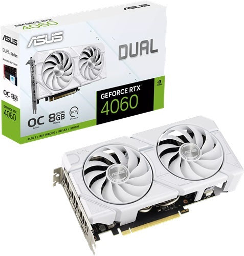 ASUS nVidia GeForce DUAL-RTX4060-O8G-EVO-WHITE RTX4060 EVO White OC Edition 8GB GDDR6 2505 MHz Boost Clock, RAM 17Gbps, 3xDP, 1xHDMI