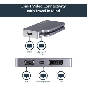Startech CDPVDHDMDPSG, A/V Adapter, 1 x24-Pin USB-C Male, 1x25-Pin DVI-D Female, 1x19-pin HDMI Female, 1x20-Pin Mini DP Female, 1x15-pin HD-15 VGA Female, Space Gray, 3 Year Warranty