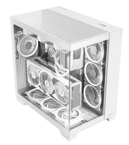 Antec C8 Aluminum White E-ATX Seamless Edge View Front and Side, USB-C, 4mm Tempered Glass, 360mm liquid cooler top, bottom, side. 2x USB 3.0 Case.