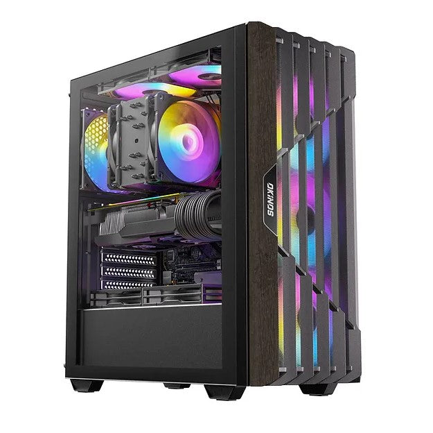 OKINOS (Kaisheng international CO.LTD.) OKINOS Cypress P5 ARGB Oak Wood Trim ATX, 4x120mm ARGB Non-PWM Fans Pre-Installed,Type-C,Tempered Glass Side Panel,Black Mid-Tower Case
