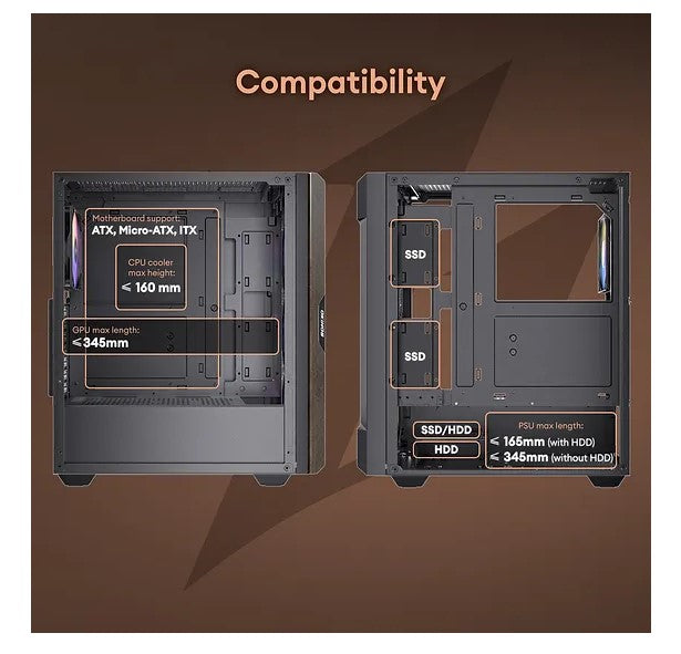 OKINOS (Kaisheng international CO.LTD.) OKINOS Cypress P5 ARGB Oak Wood Trim ATX, 4x120mm ARGB Non-PWM Fans Pre-Installed,Type-C,Tempered Glass Side Panel,Black Mid-Tower Case