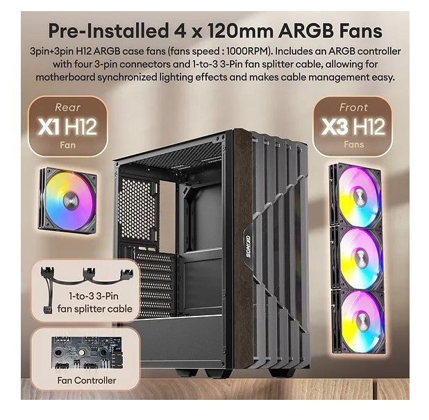 OKINOS (Kaisheng international CO.LTD.) OKINOS Cypress P5 ARGB Oak Wood Trim ATX, 4x120mm ARGB Non-PWM Fans Pre-Installed,Type-C,Tempered Glass Side Panel,Black Mid-Tower Case