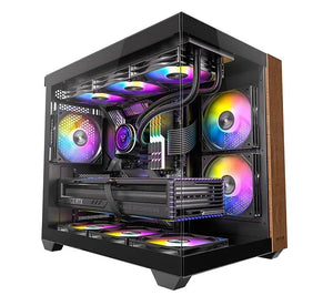 OKINOS (Kaisheng international CO.LTD.) OKINOS M6 ARGB ATX Genuine Walnut Wood, Panoramic View, Type-C, 4 x120mm ARGB & PWM Fans included,Tempered Glass Side Panel, Black,  Case