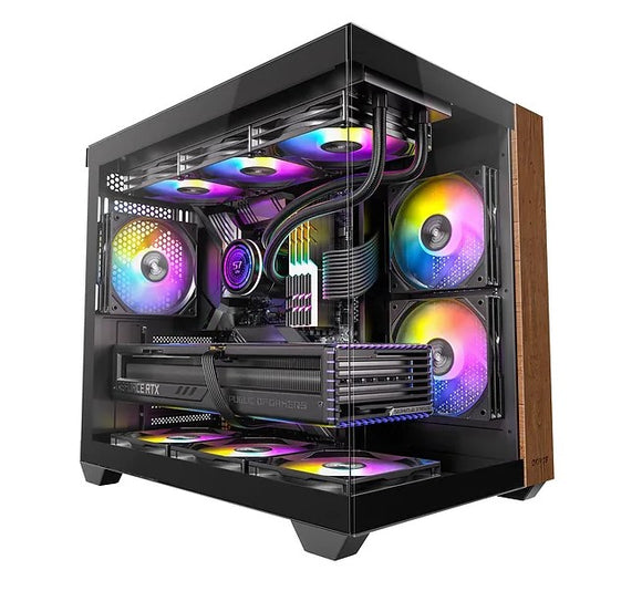 OKINOS (Kaisheng international CO.LTD.) OKINOS M6 ARGB ATX Genuine Walnut Wood, Panoramic View, Type-C, 4 x120mm ARGB & PWM Fans included,Tempered Glass Side Panel, Black,  Case